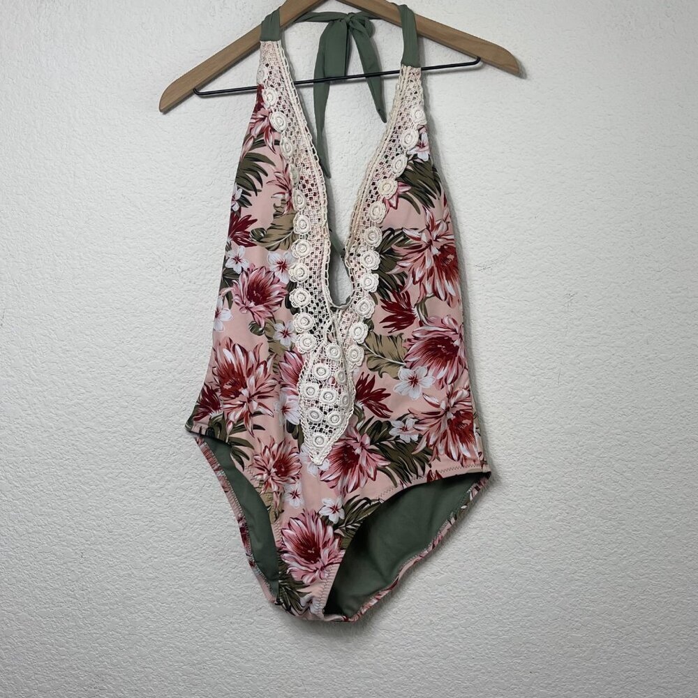 Kona Sol Women’s One-Piece Swimsuit Size Large Peach Floral Crochet Trim Plunge - Picture 4 of 8